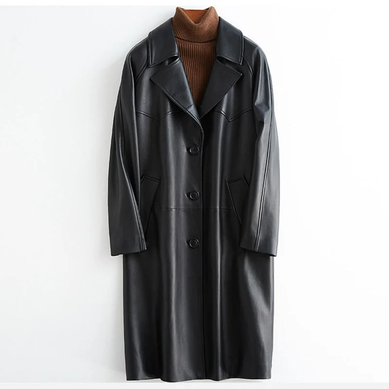 Lautaro Spring Autumn Black Oversized Leather Trench Coat for Women Raglan