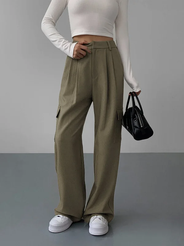 BerryBetty - Leisure Pockets Pleated Wide Leg Pants