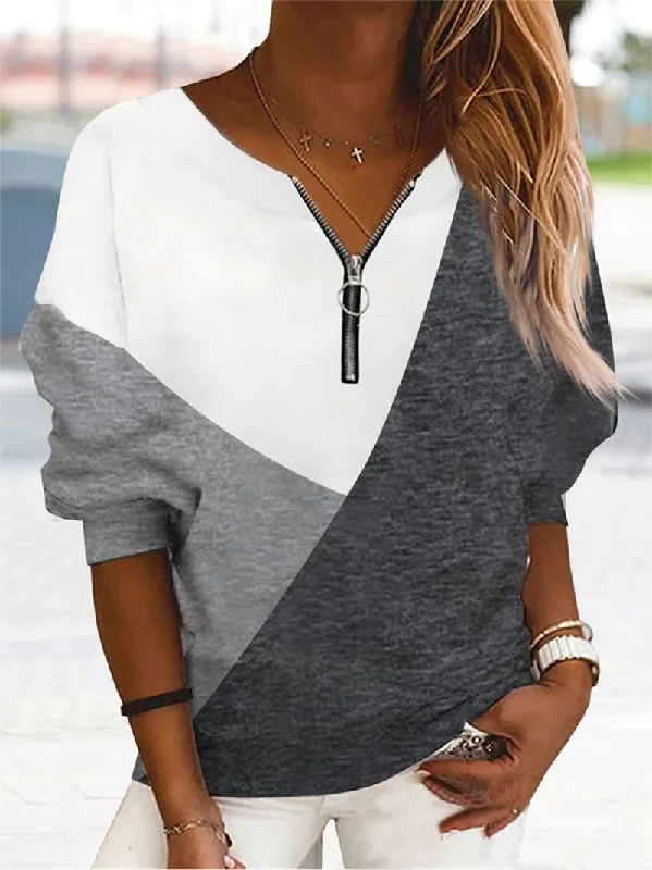 Loose Multicolor Long-sleeve Zipper V-neck Sweatshirt Sweaters