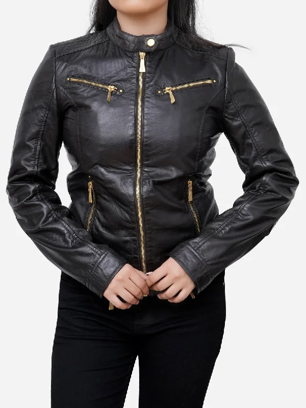 Maya Black Sheepskin Classic Moto Leather Jacket