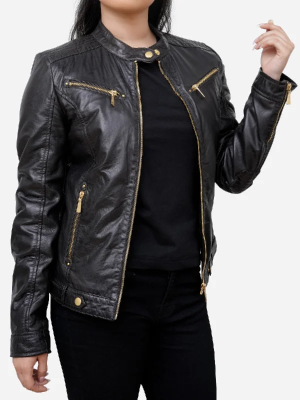 Maya Black Sheepskin Classic Moto Leather Jacket