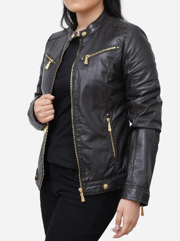 Maya Black Sheepskin Classic Moto Leather Jacket