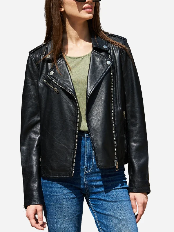 Melinda Genuine Black Leather Biker Jacket