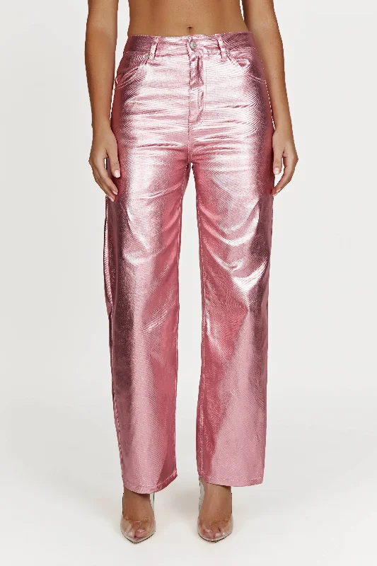 Minnie Metallic Straight Jean - Metallic Pink