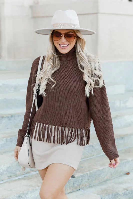 Missed Opportunity Brown Fringe Hem Turtleneck Sweater FINAL SALE