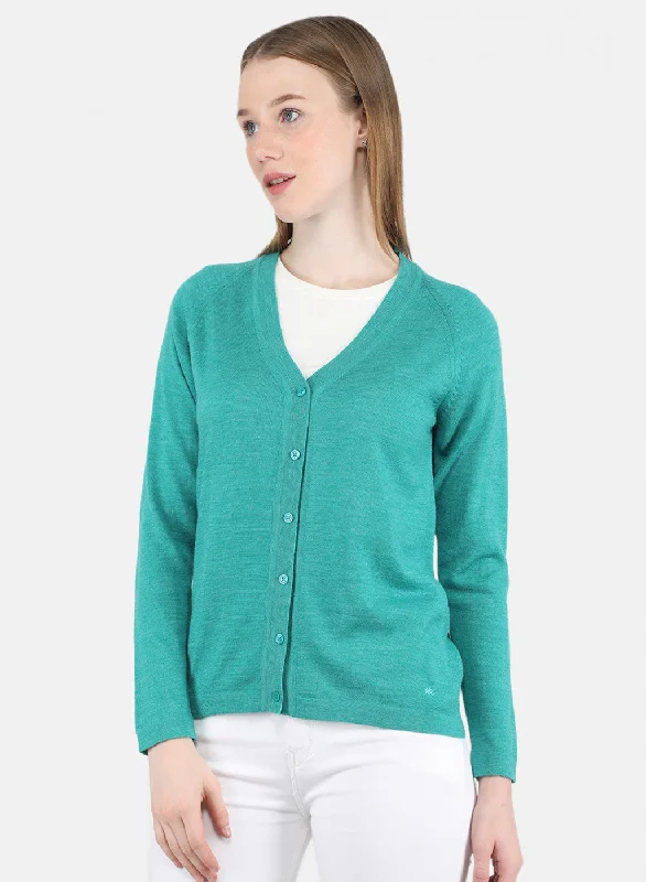 Women Aqua Green Solid Cardigan