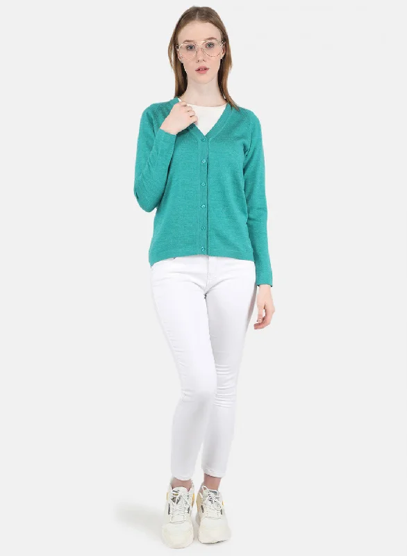 Women Aqua Green Solid Cardigan