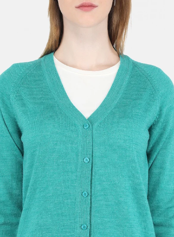 Women Aqua Green Solid Cardigan