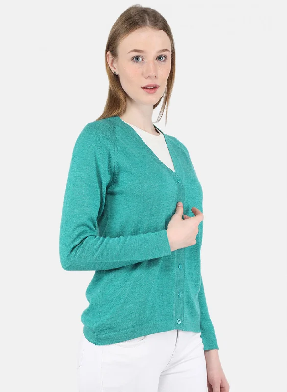 Women Aqua Green Solid Cardigan