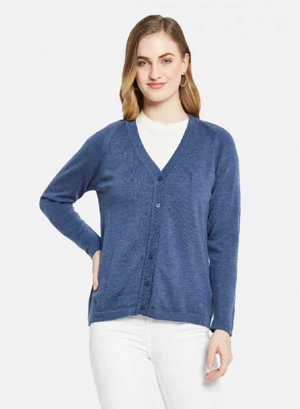 Women Blue Solid Cardigan