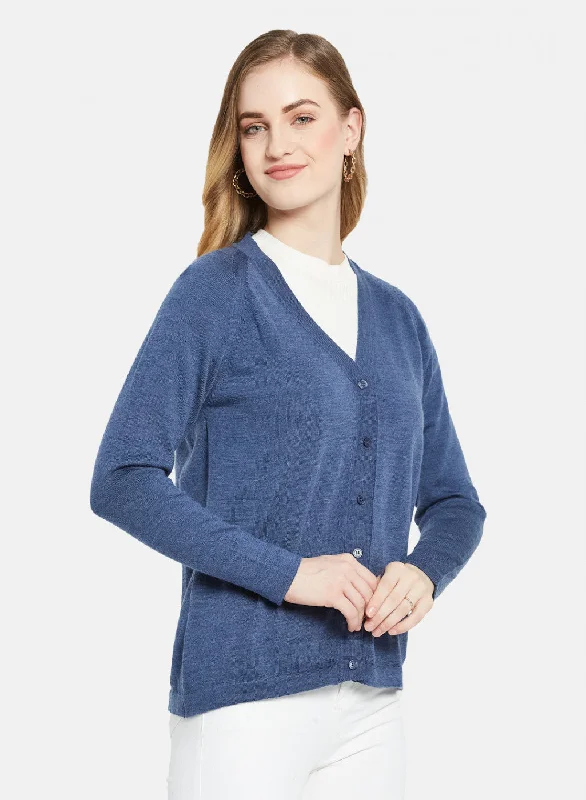 Women Blue Solid Cardigan