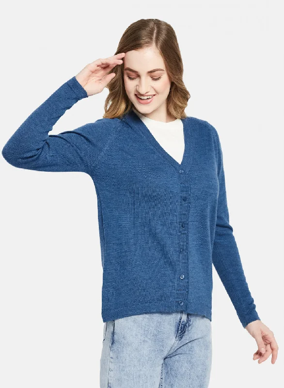 Women Blue Solid Cardigan