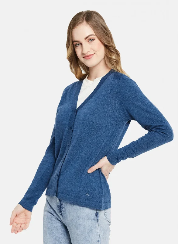 Women Blue Solid Cardigan