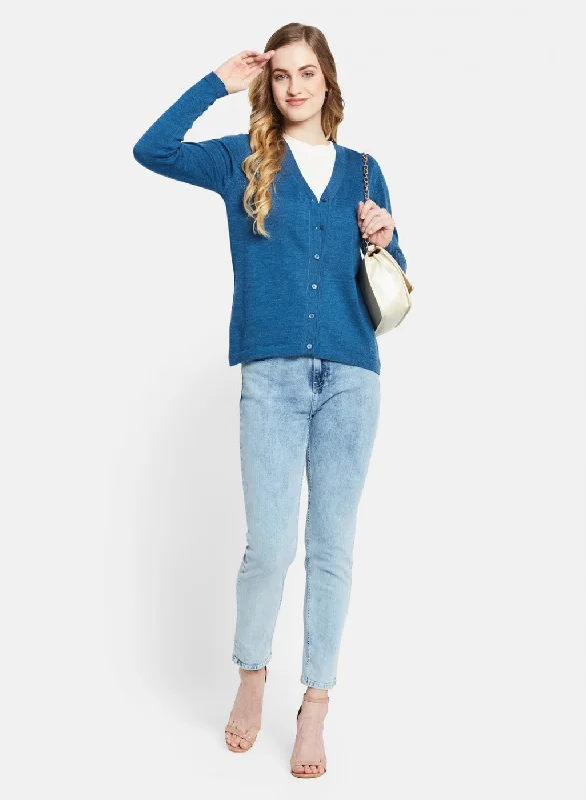 Women Blue Solid Cardigan