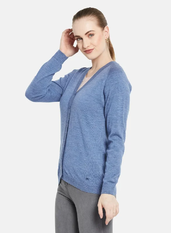 Women Blue Solid Cardigan