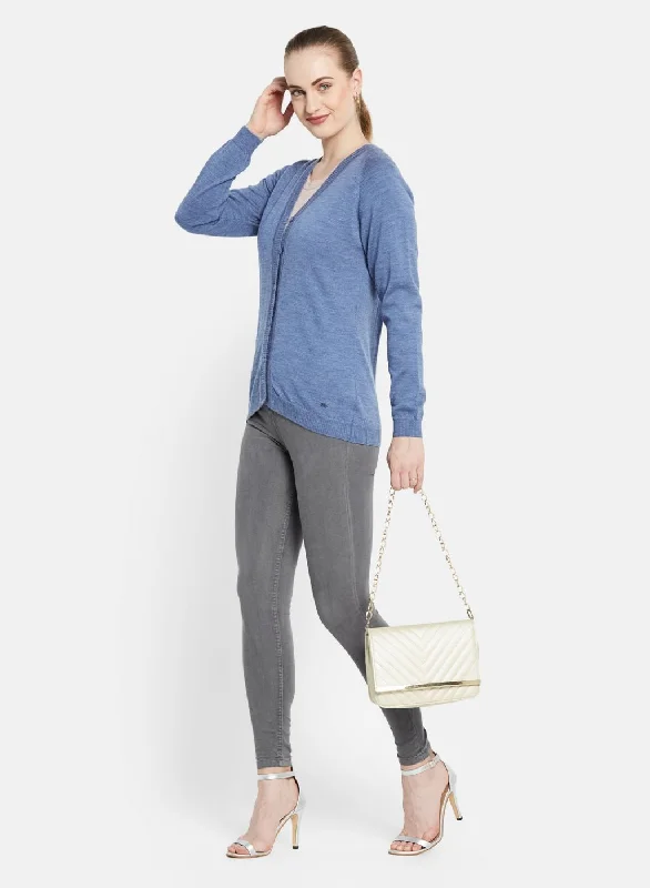 Women Blue Solid Cardigan