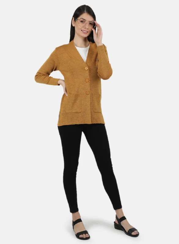 Women Golden Yellow Solid Cardigan