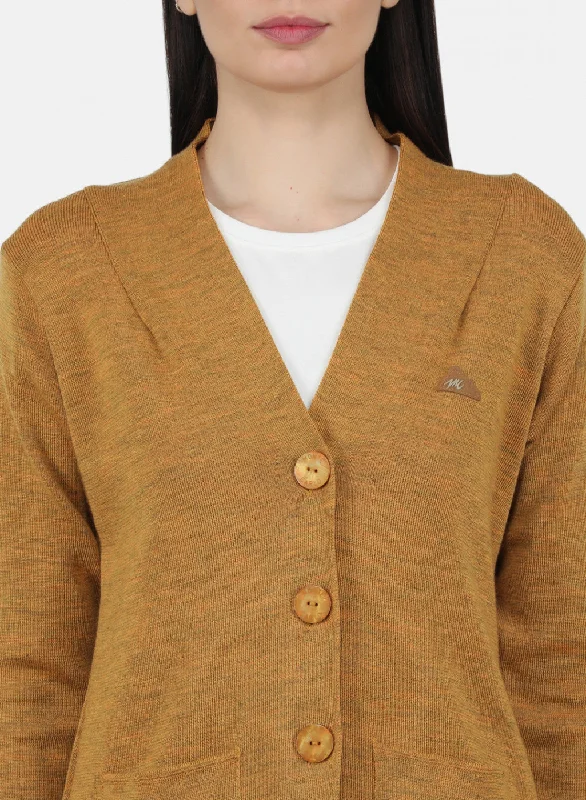 Women Golden Yellow Solid Cardigan