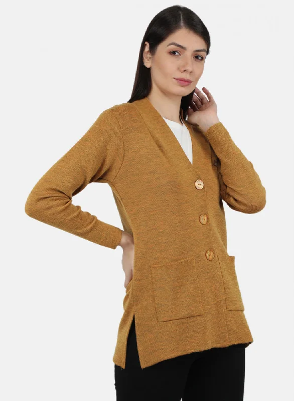 Women Golden Yellow Solid Cardigan