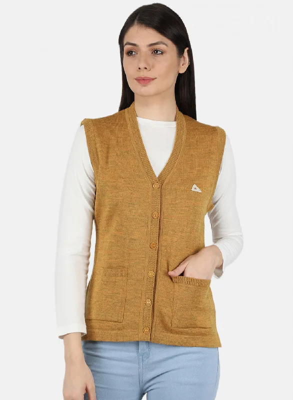 Women Golden Yellow Solid Cardigan