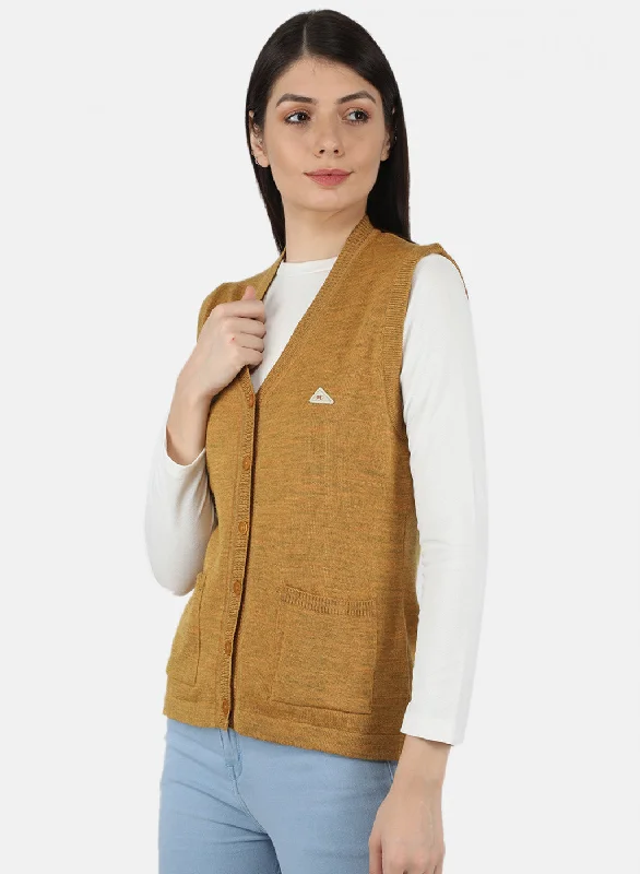 Women Golden Yellow Solid Cardigan