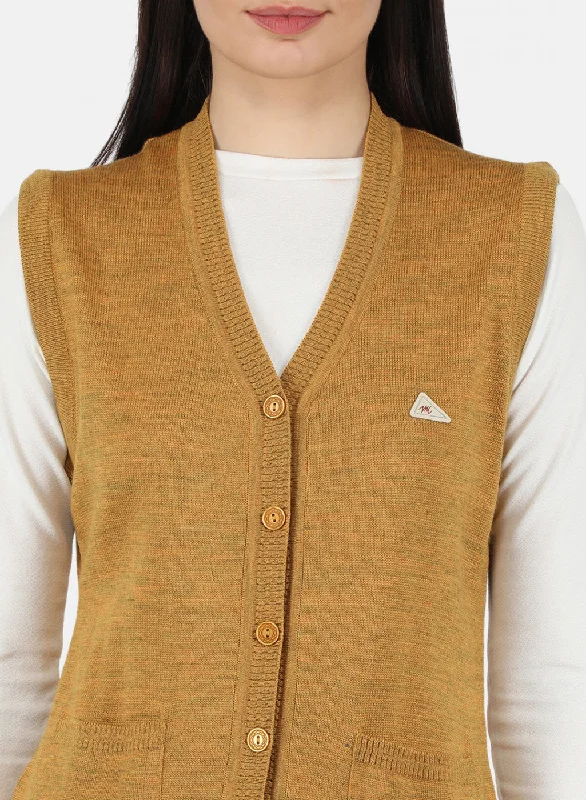 Women Golden Yellow Solid Cardigan