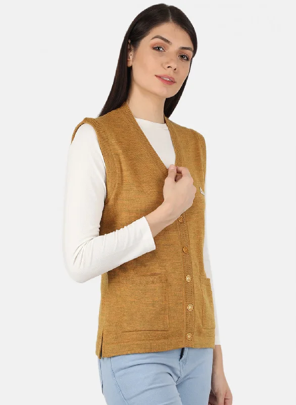 Women Golden Yellow Solid Cardigan