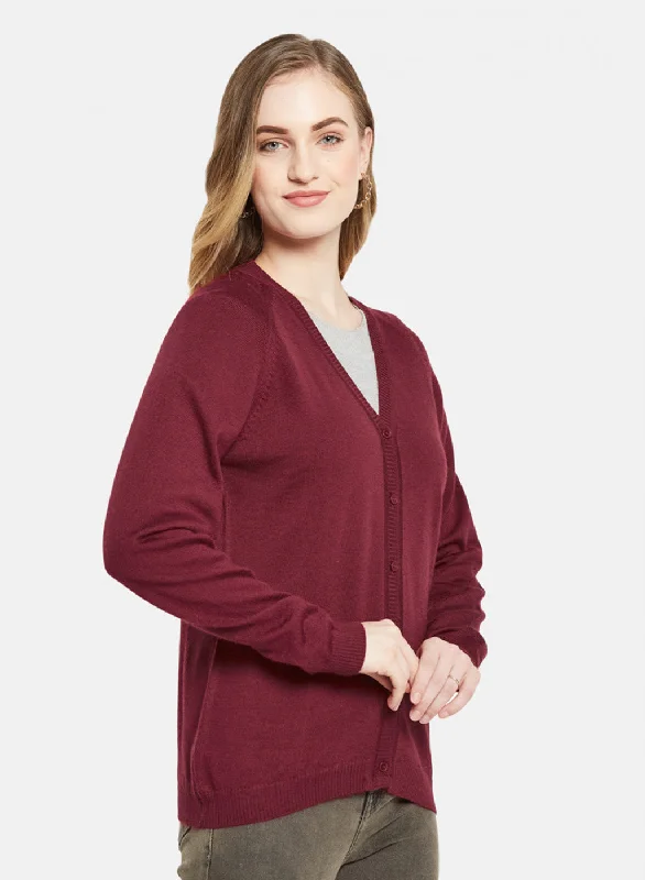 Women Maroon Solid Cardigan