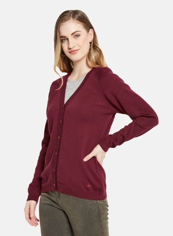 Women Maroon Solid Cardigan