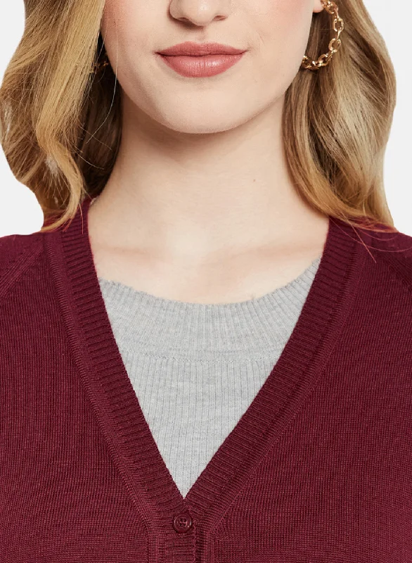 Women Maroon Solid Cardigan