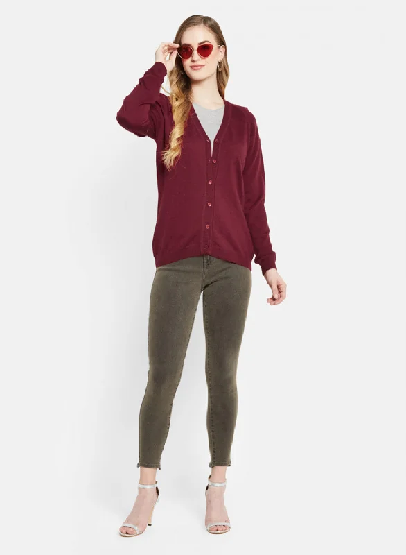 Women Maroon Solid Cardigan