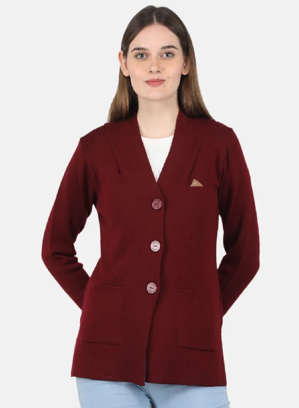 Women Maroon Solid Cardigan