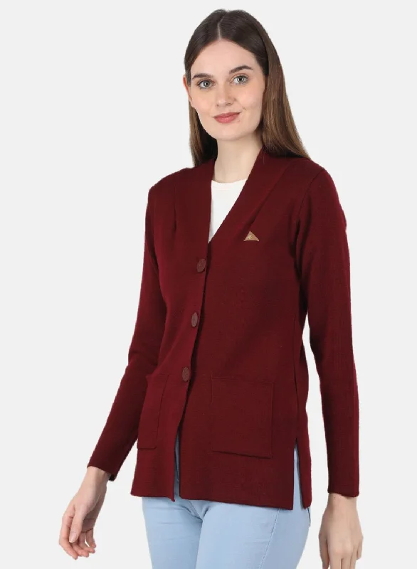 Women Maroon Solid Cardigan