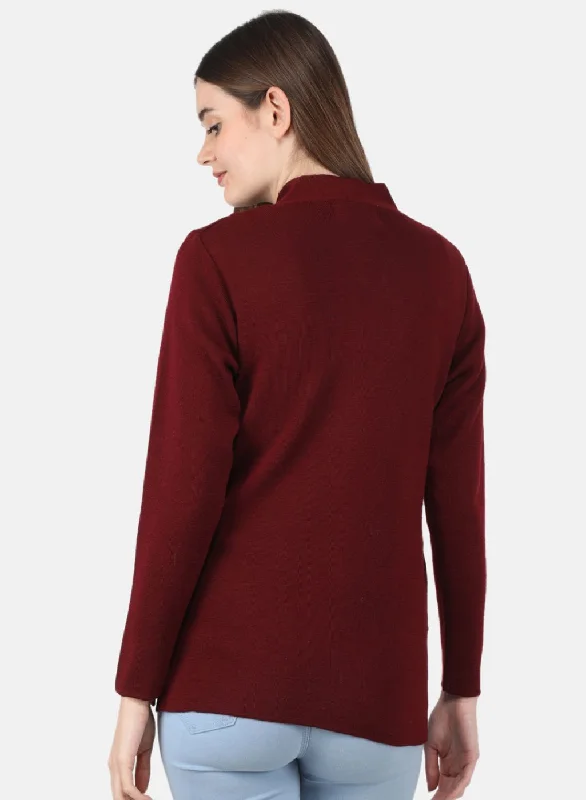 Women Maroon Solid Cardigan