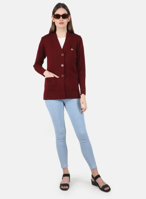 Women Maroon Solid Cardigan