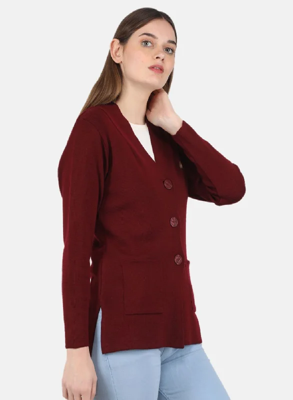 Women Maroon Solid Cardigan