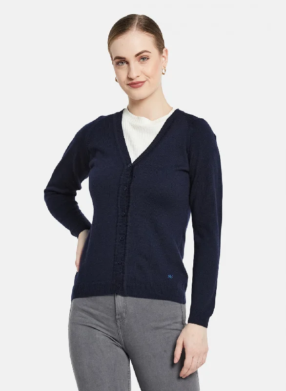 Women Navy Blue Solid Cardigan