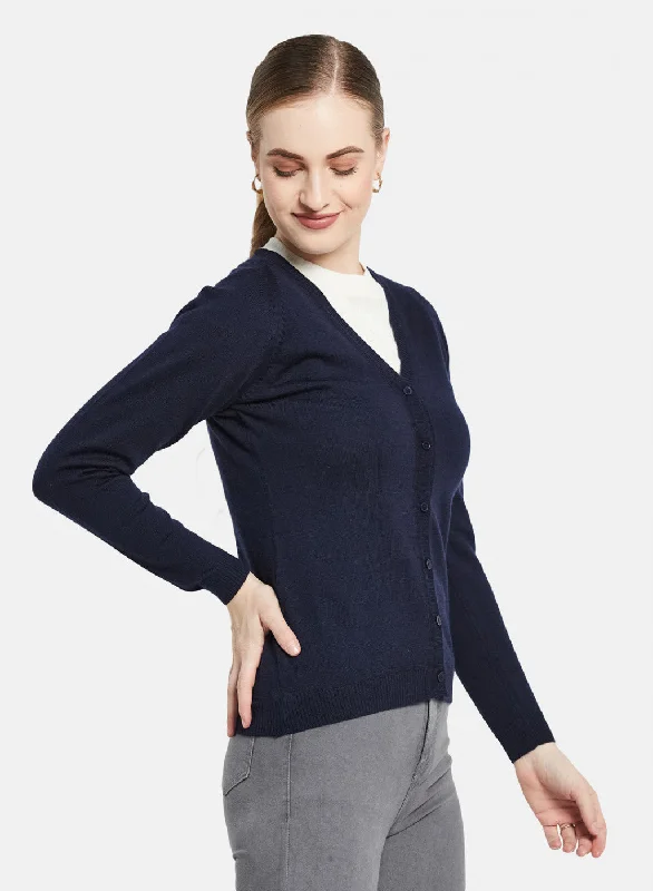 Women Navy Blue Solid Cardigan