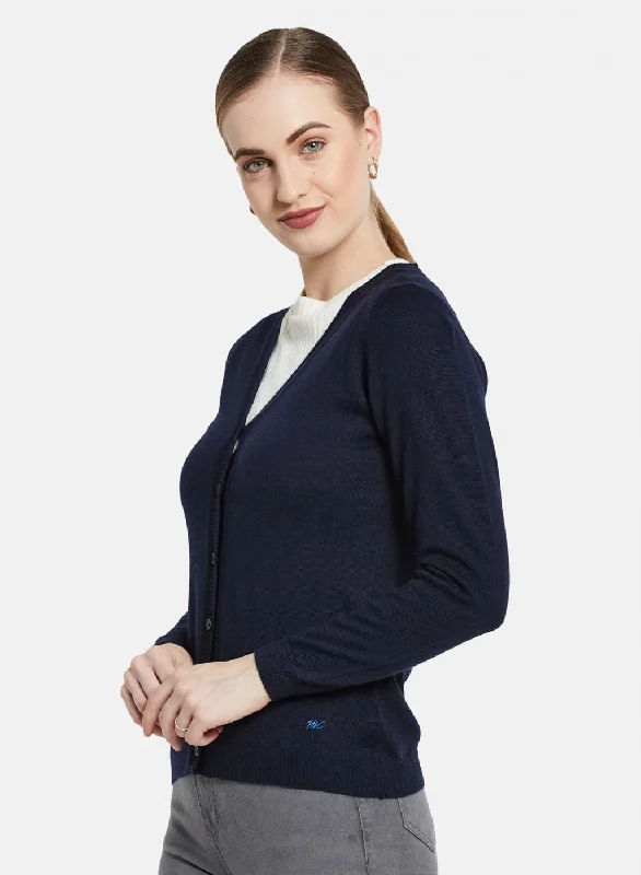 Women Navy Blue Solid Cardigan