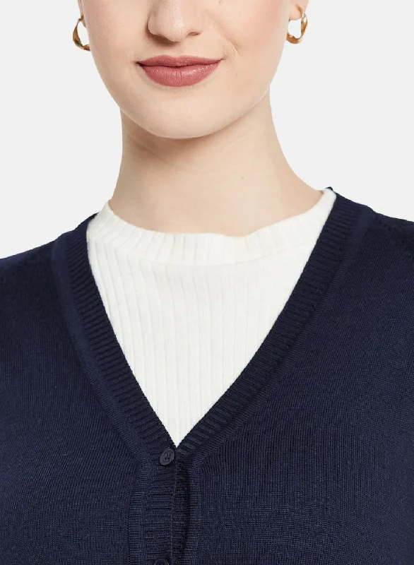 Women Navy Blue Solid Cardigan