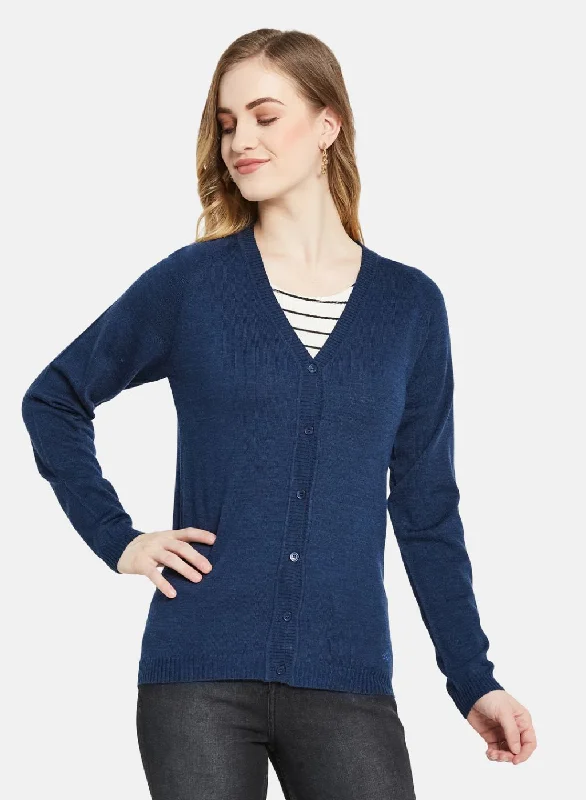 Women Navy Blue Solid Cardigan