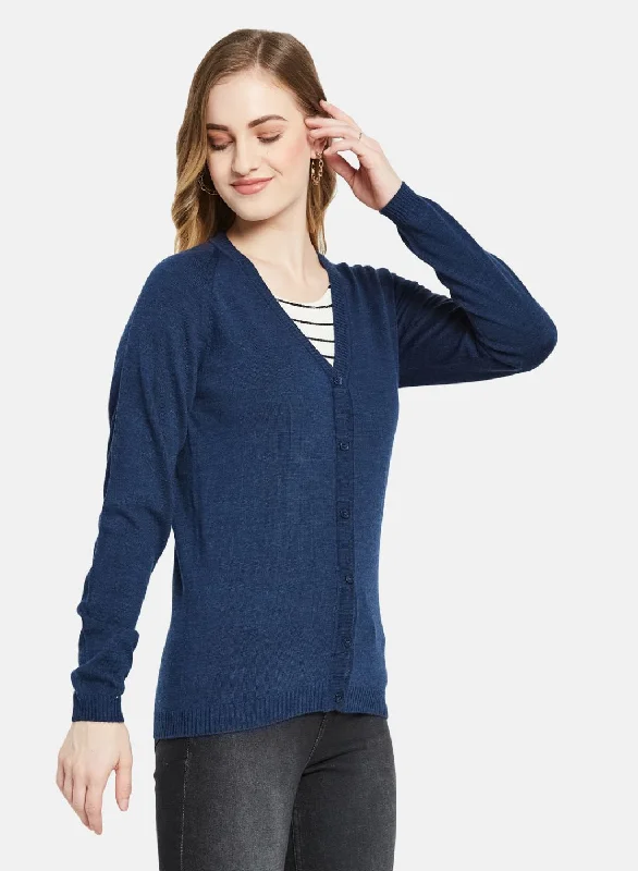 Women Navy Blue Solid Cardigan