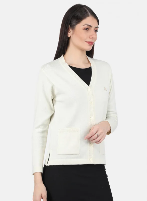 Women Off White Solid Cardigan