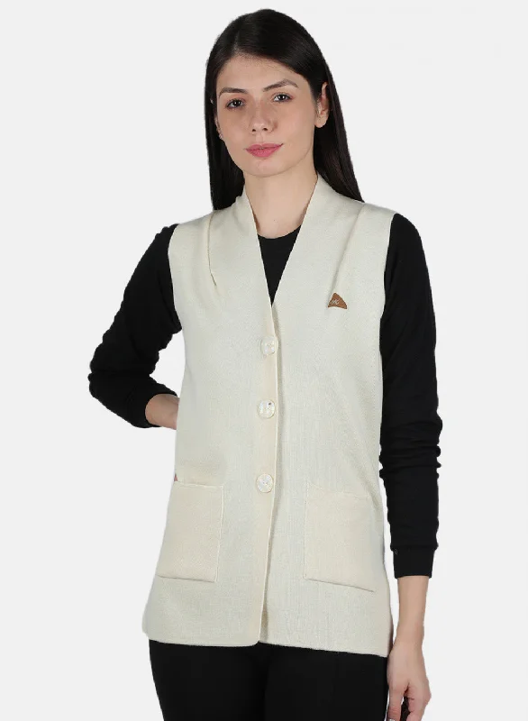 Women Off White Solid Cardigan