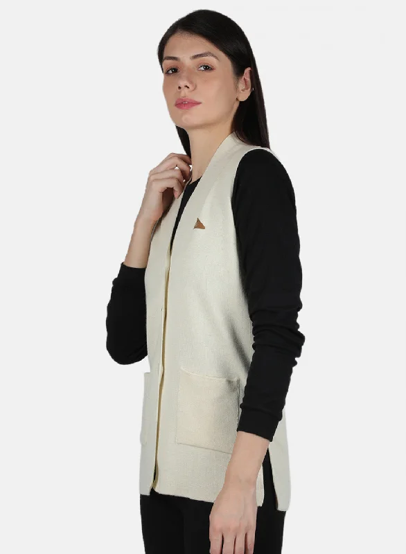 Women Off White Solid Cardigan