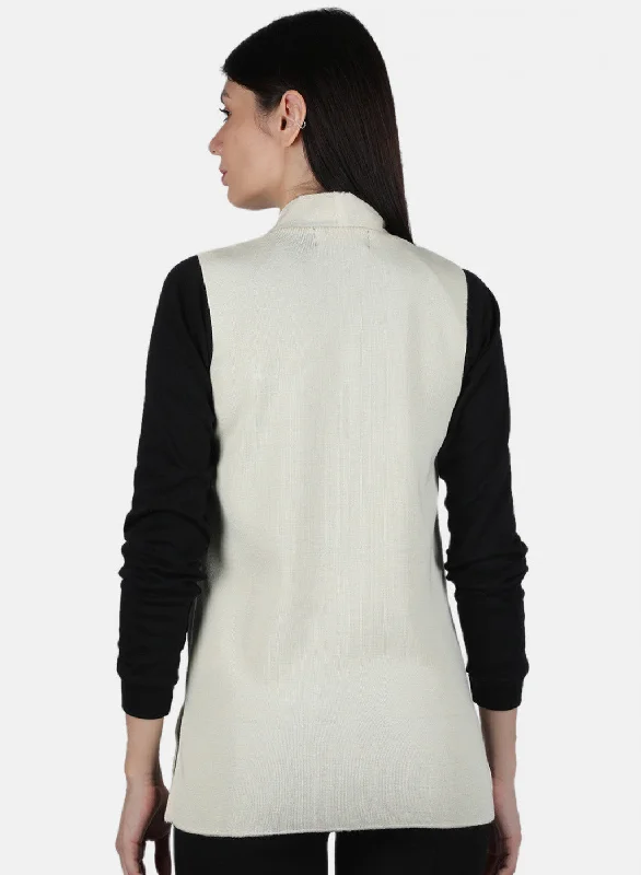 Women Off White Solid Cardigan