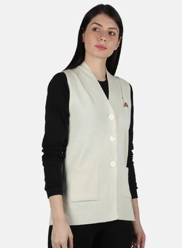 Women Off White Solid Cardigan