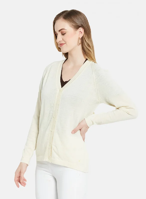 Women Off White Solid Cardigan