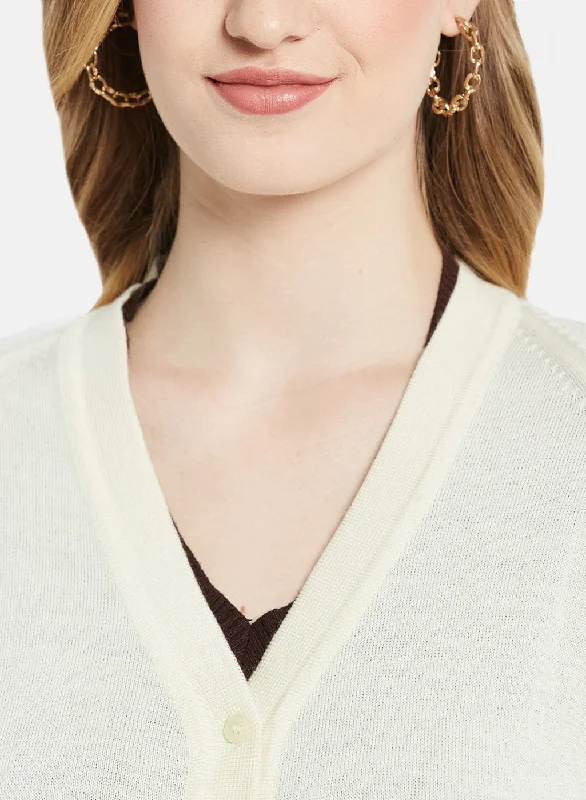 Women Off White Solid Cardigan