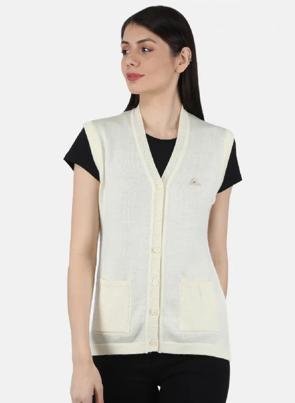 Women Off White Solid Cardigan